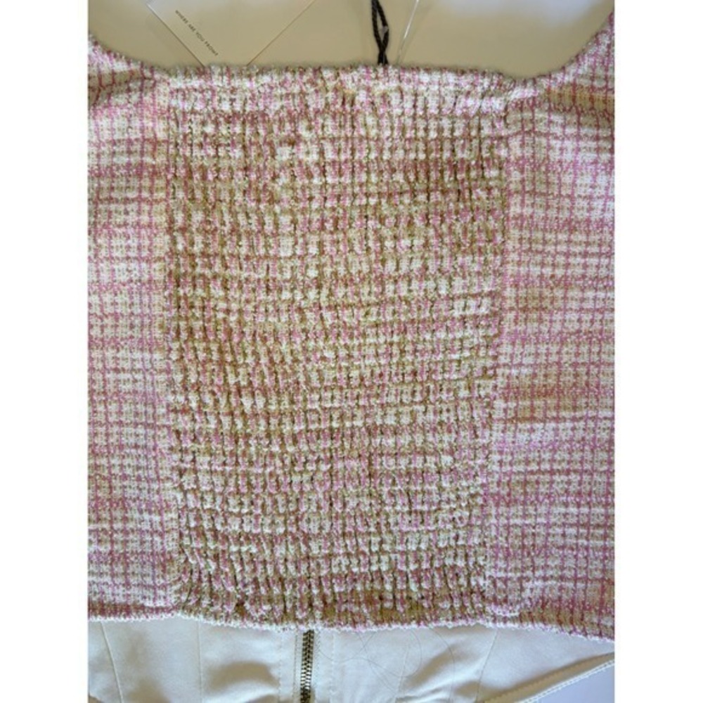 WAYF Pink Tweed Zip Front Crop Top Textured Smocked Back Size S - Picture 13 of 13